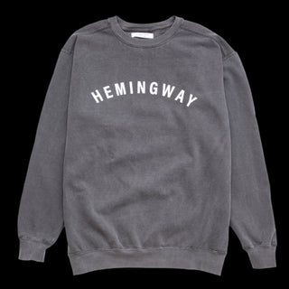 Gray sweatshirt with 'Hemingway' text on a white background